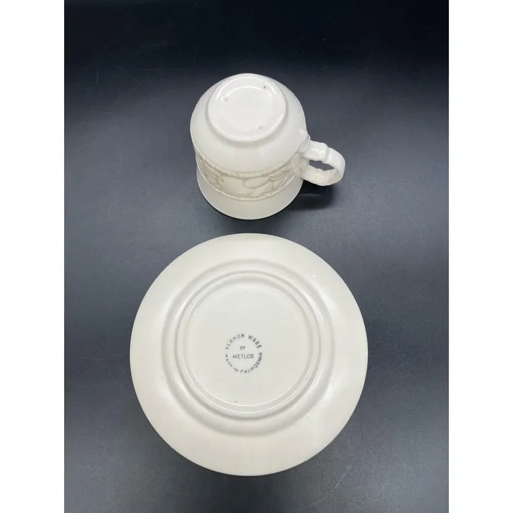 Vintage Metlox Vernon Ware Embossed Antiqua Set of 4 Cups & Saucers California